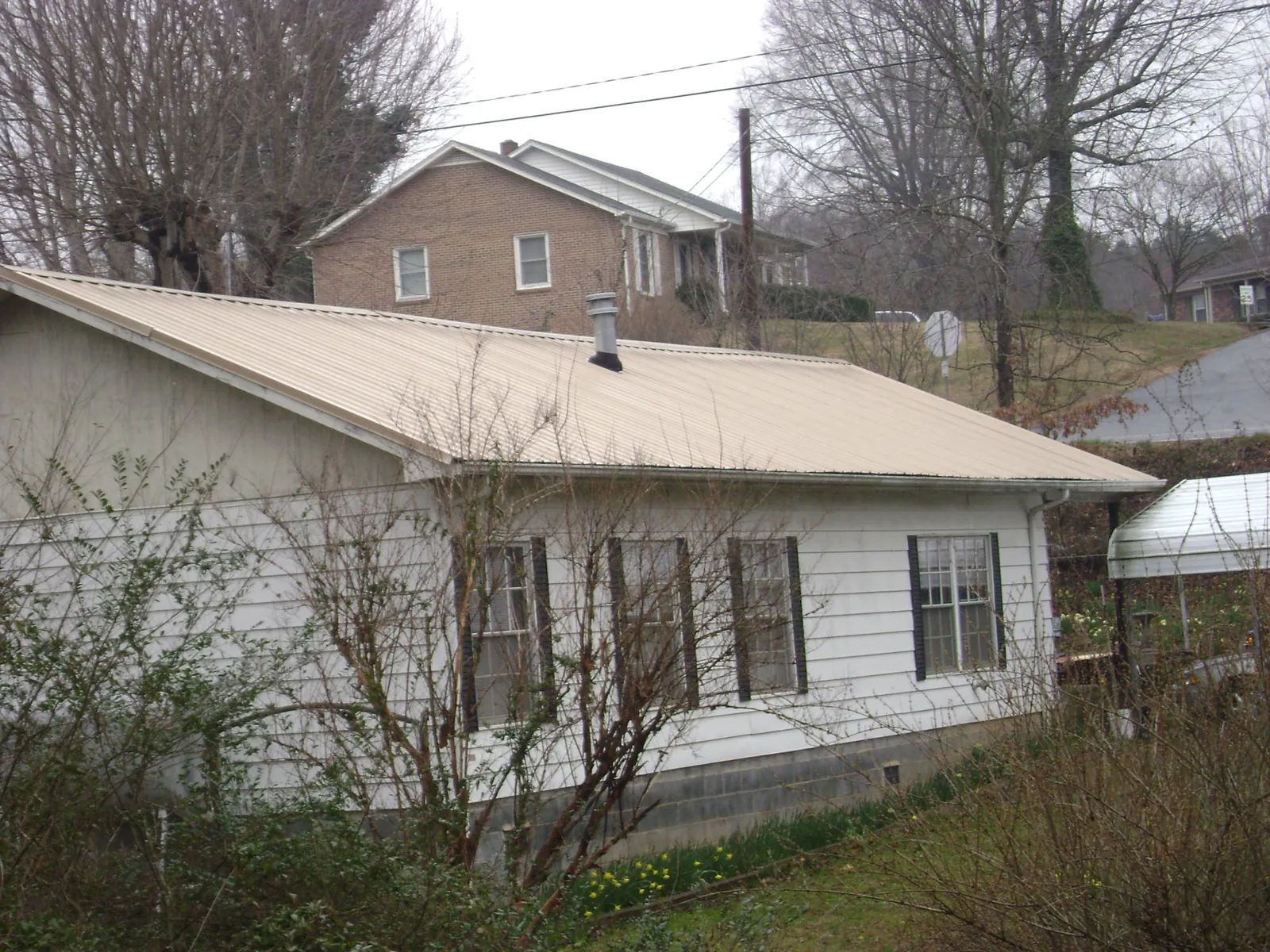 Tan metal roof on a white sided house set into a hillside — Commercial Roofing by Roofing Brothers in Dendron